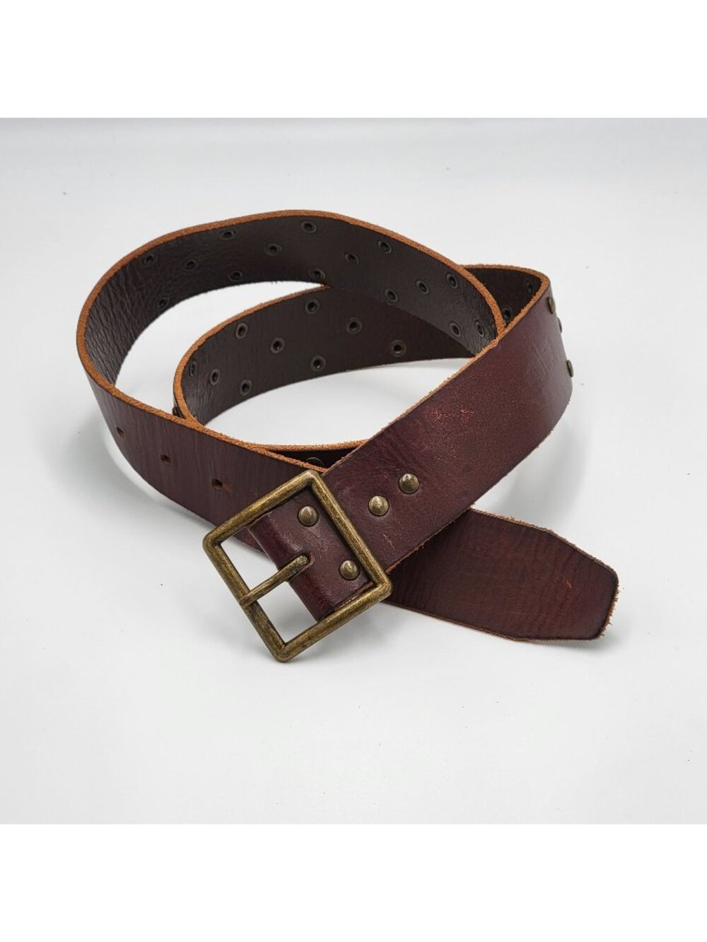 Vtg Y2K Boho  Brown Leather Studded Belt With Brass Buckle Unisex